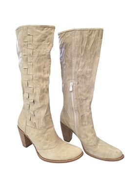 Nero Giardini Cream Distressed weaved accent Leather Knee-High Heeled Boots